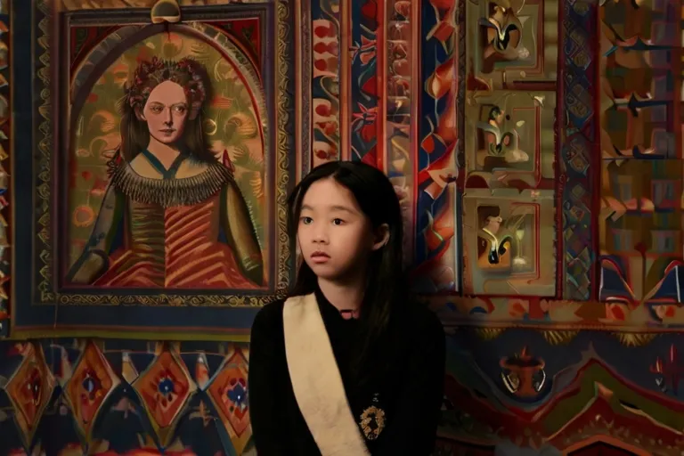 a young girl standing in front of a painting