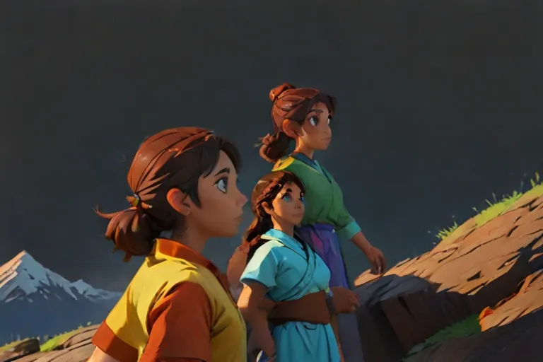 Pratyusha, Sadhika, and Bhargavi stand atop a mountain peak, their faces set in determination as they gaze out at the vast expanse before them, ready to confront whatever obstacles lie in their path.