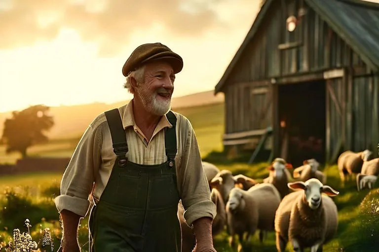 a man in overalls and a hat standing in front of a herd of sheep