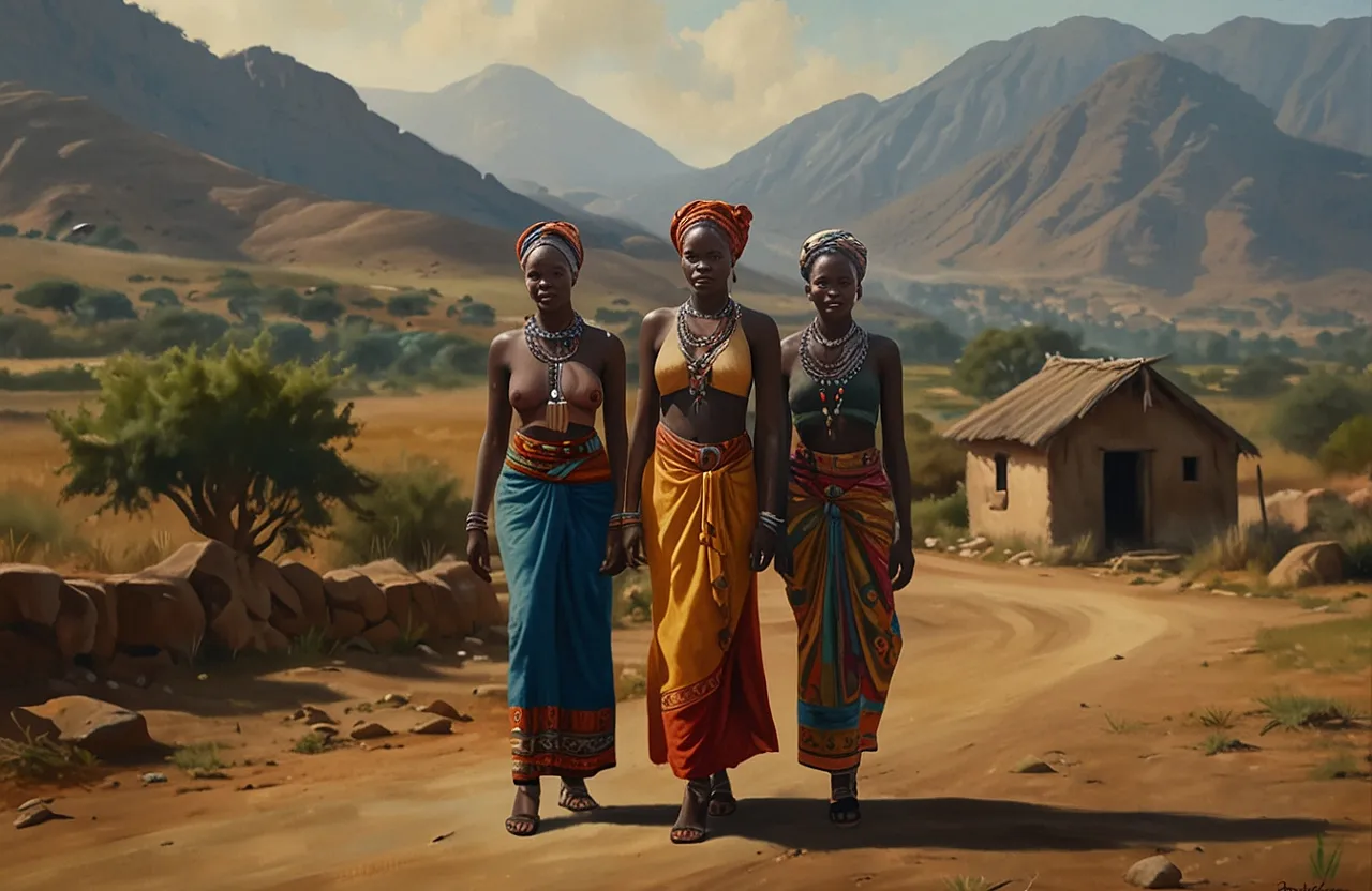 a painting of three women standing on a dirt road