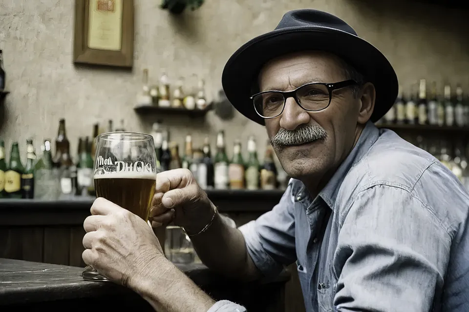 a man sitting at a bar holding a glass of beer