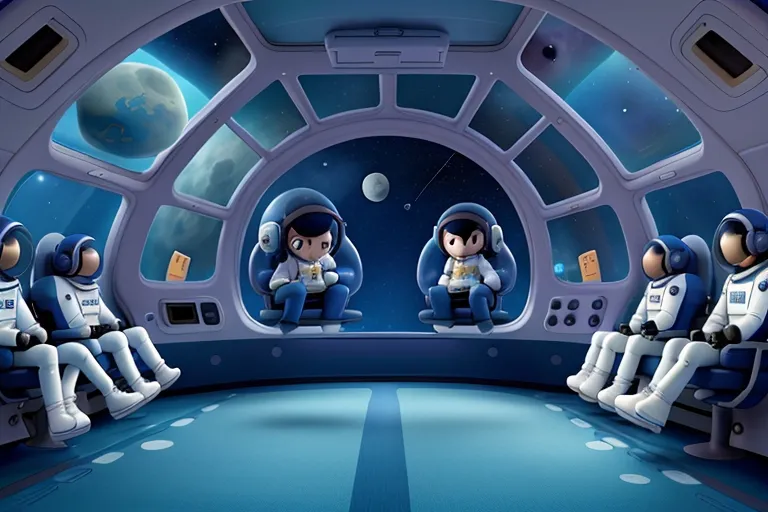 Astronauts floating weightlessly inside the ship, gazing out of the windows at the wonders of the cosmos.