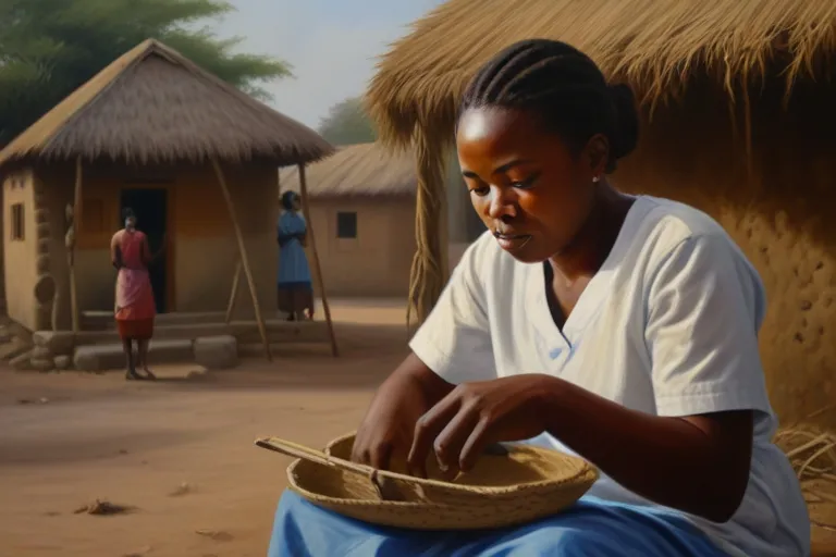 a painting of a woman sitting in front of a hut