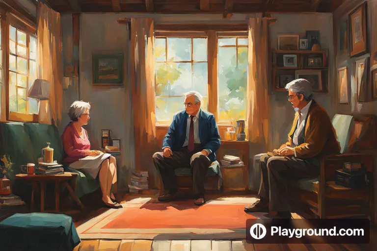 a painting of three people sitting in a living room