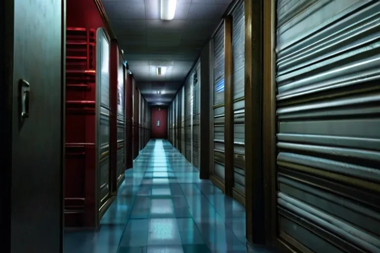 a long hallway with red and blue walls