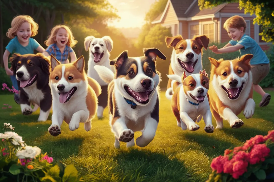 a group of dogs running across a lush green field