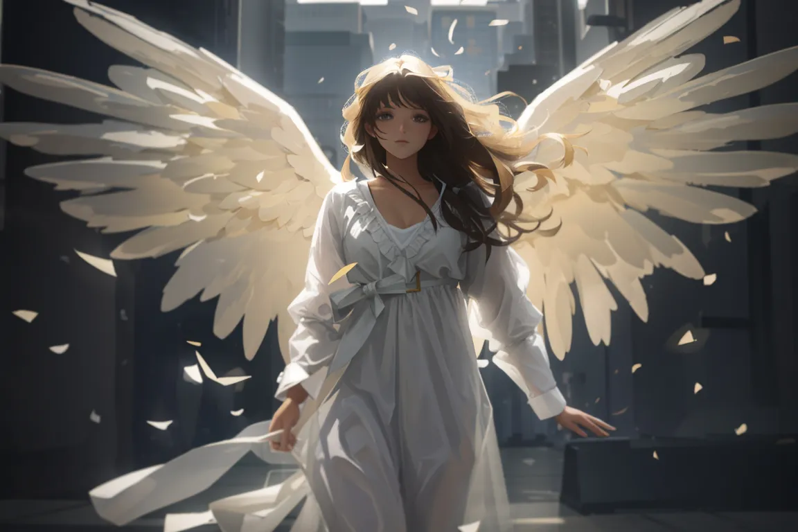 a woman in a white dress with angel wings