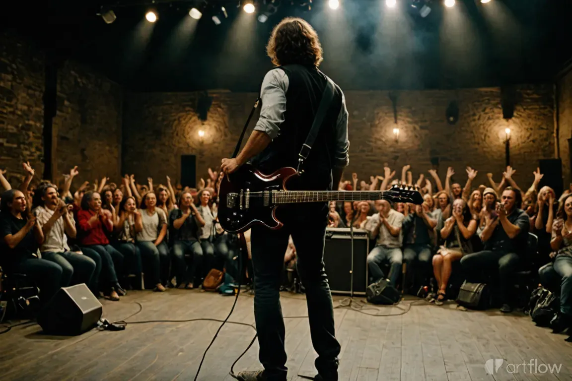 A guitarist on a stage built into the face of a towering waterfall, the audience awed by the stunning natural setting