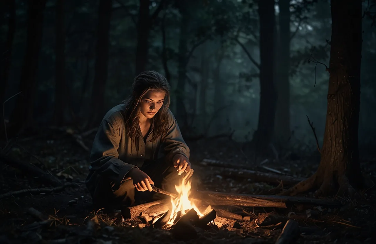 a woman sitting next to a fire in a forest