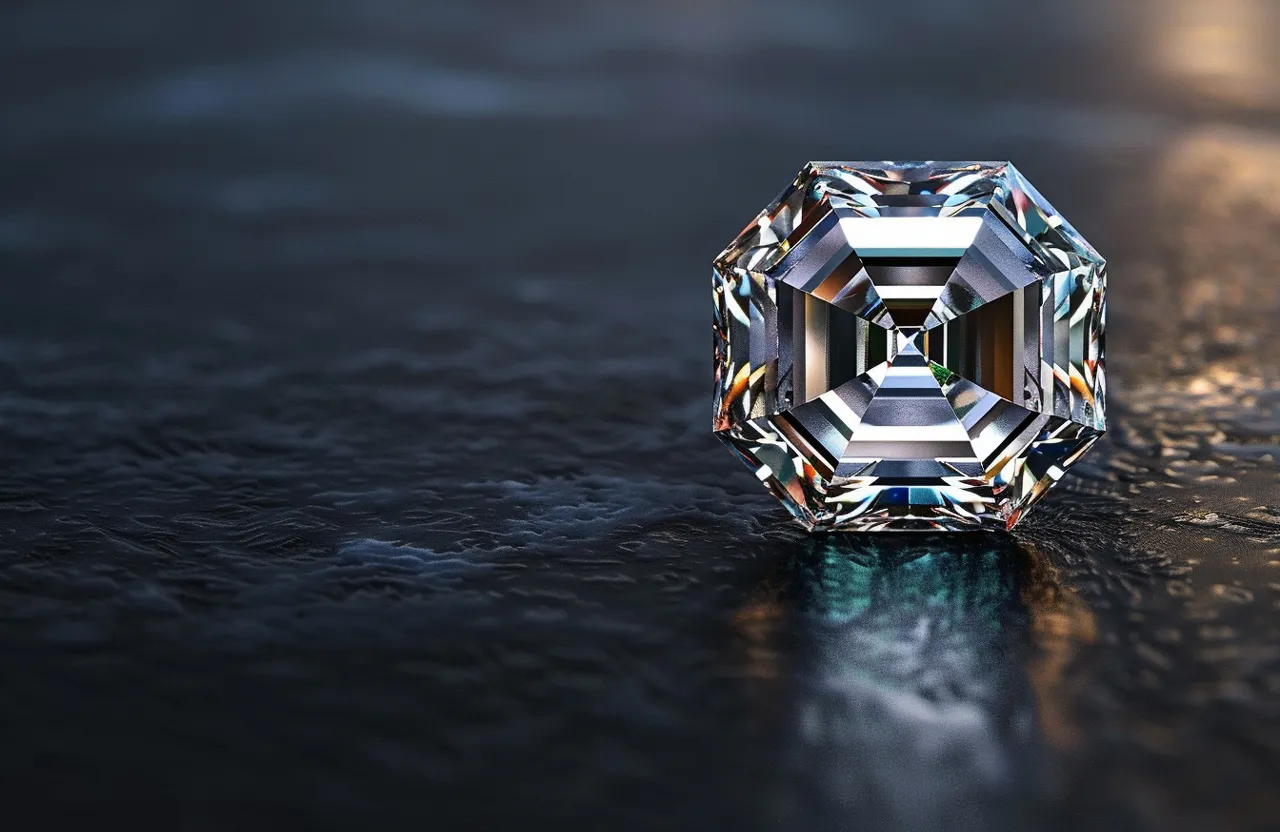 White shine diamond, Asscher cut diamond, on black background, top view