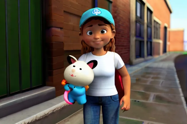 a cartoon character holding a stuffed animal on a sidewalk