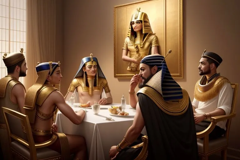 a group of egyptain people sitting around a table in front of a painting