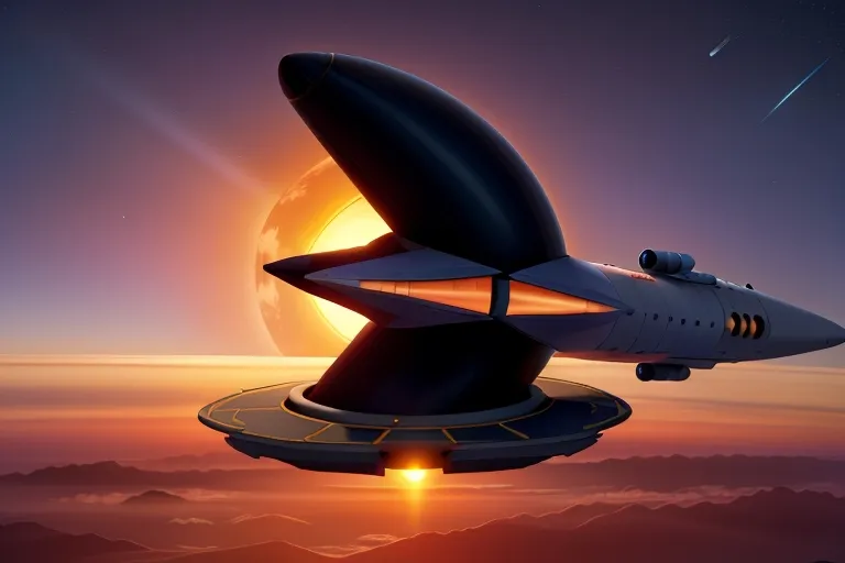 The spacecraft returning to Earth's orbit, its sleek silhouette outlined against the backdrop of a radiant sunrise.