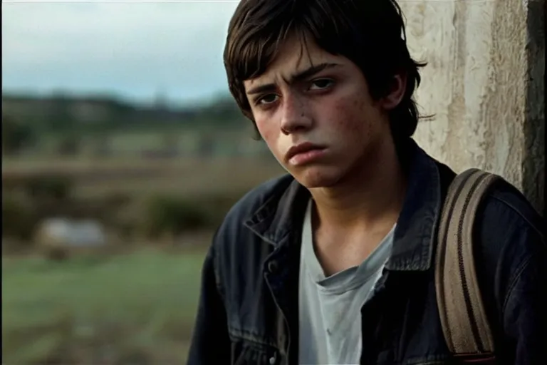 a young man with a backpack leaning against a wall