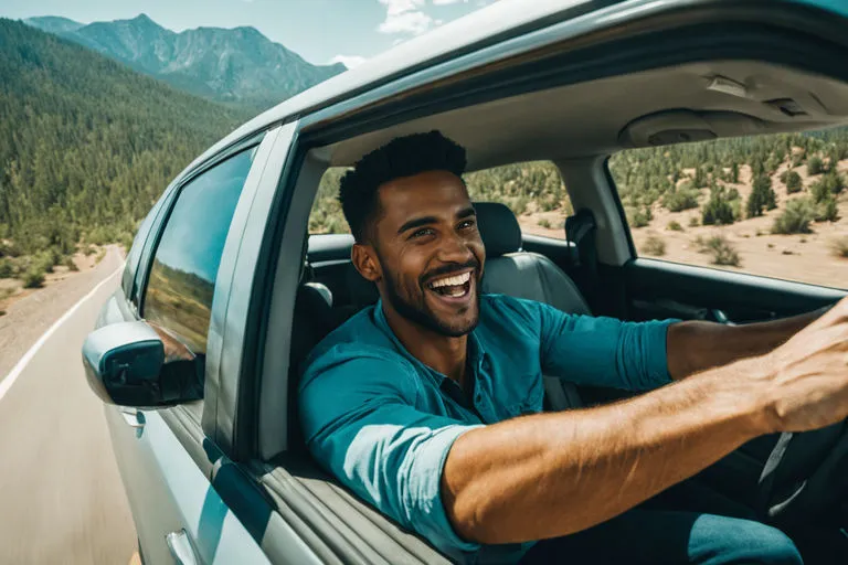 Visual: A long road trip with a man driving through various landscapes—mountains, forests, and deserts. Details: Scenic shots from the car window, the man's expression remaining joyful despite the journey's length.