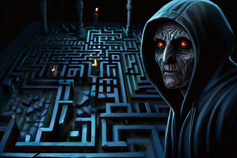 a man in a hooded robe standing in front of a maze