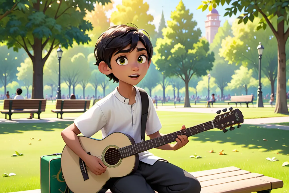 a boy sitting on a bench playing a guitar