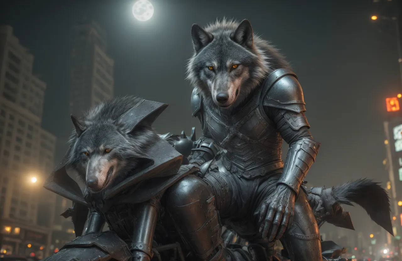 a wolf sitting on top of a man on a motorcycle