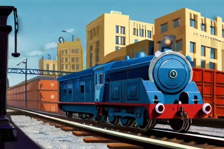 "In a bustling train yard, little Pete, a blue engine, prepared for a big task."