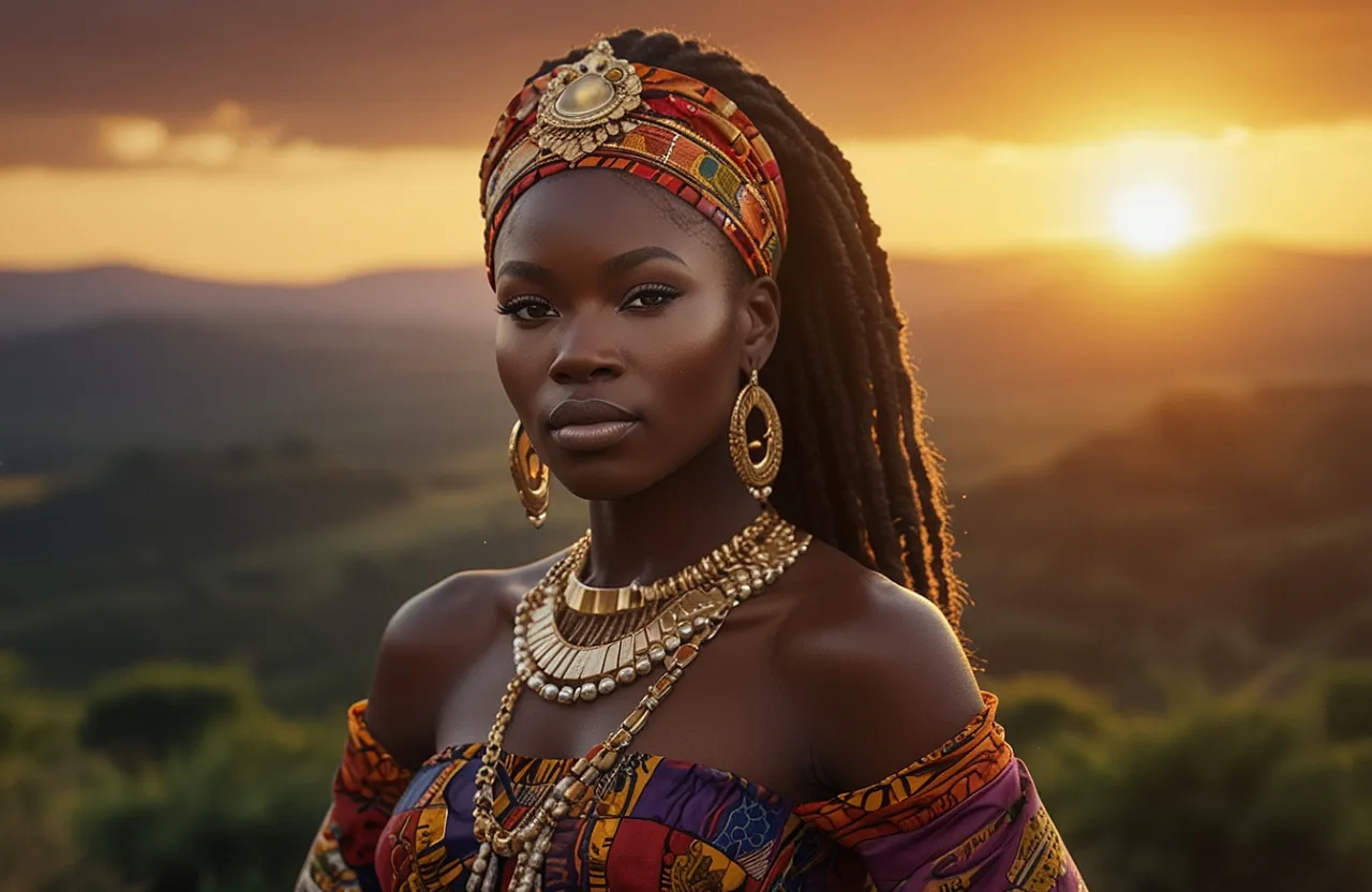 a woman in a colorful dress standing in front of a sunset