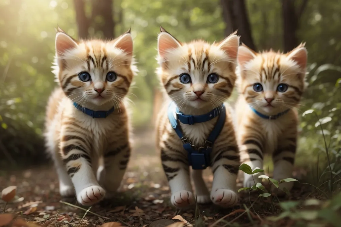 three kittens are walking down a path in the woods