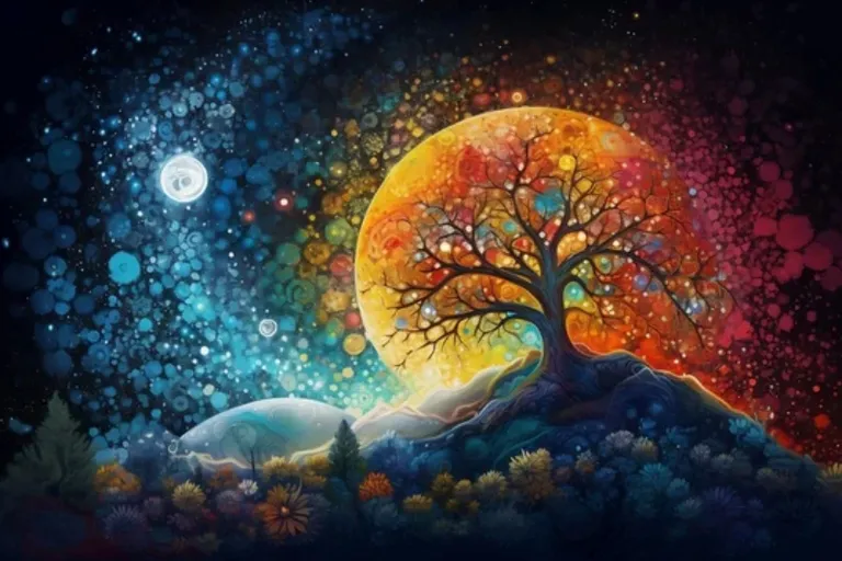 a painting of a tree with a full moon in the background