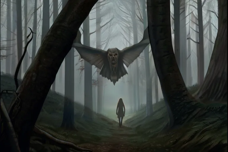 a painting of a person walking through a forest