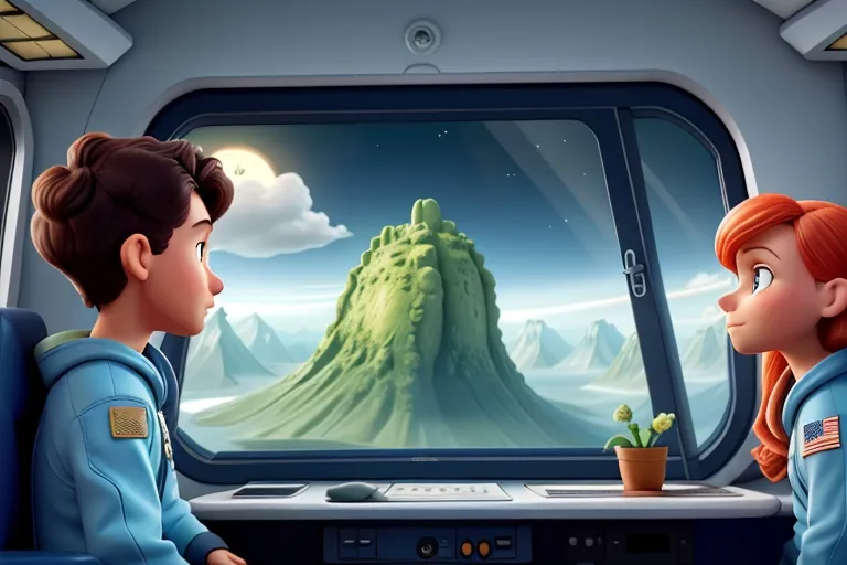 Astronauts observing the alien landscape from the ship's windows, marveling at towering mountains and alien flora.