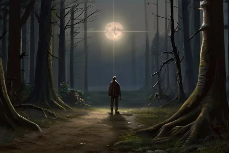 a man standing in the middle of a forest at night