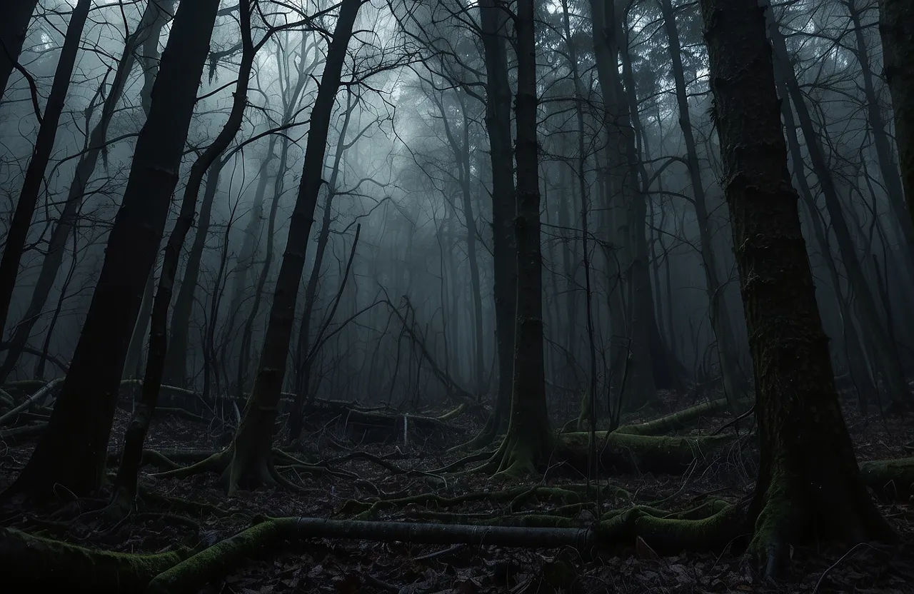 a dark forest filled with lots of trees