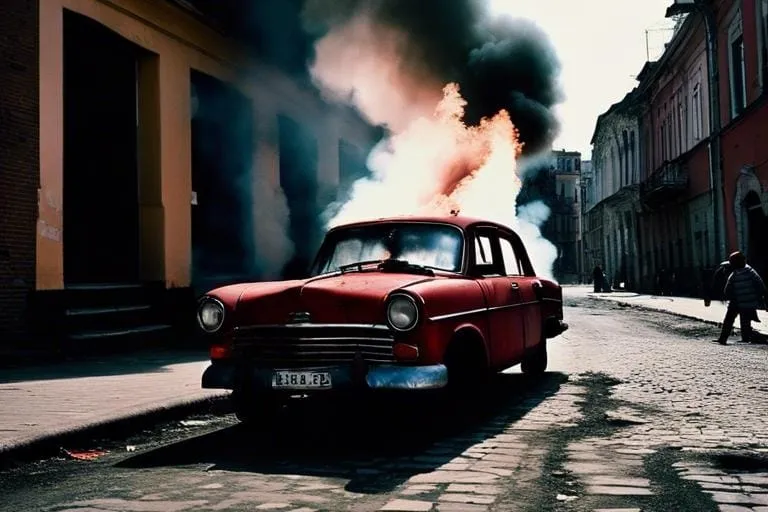 a red car with a lot of smoke coming out of it