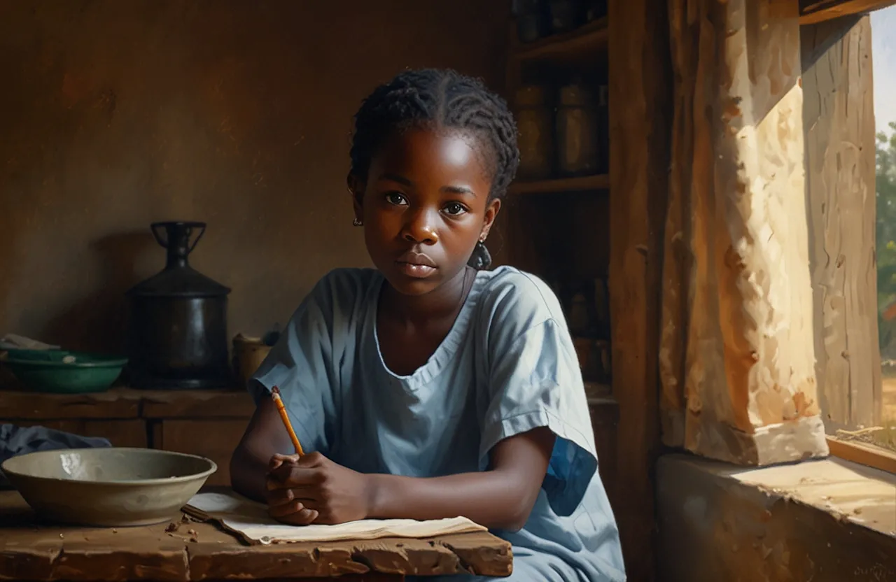 a painting of a young girl sitting at a table