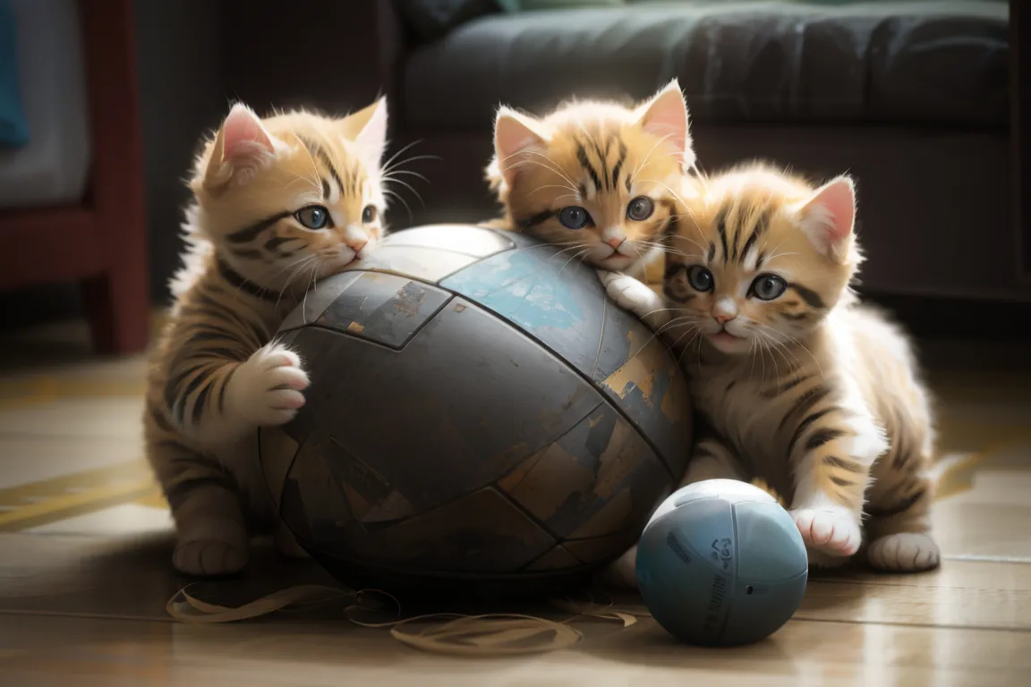 two kittens playing with a ball on the floor