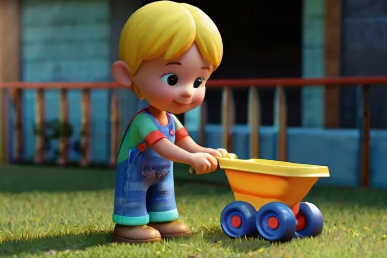 a little boy pushing a toy wagon in the grass