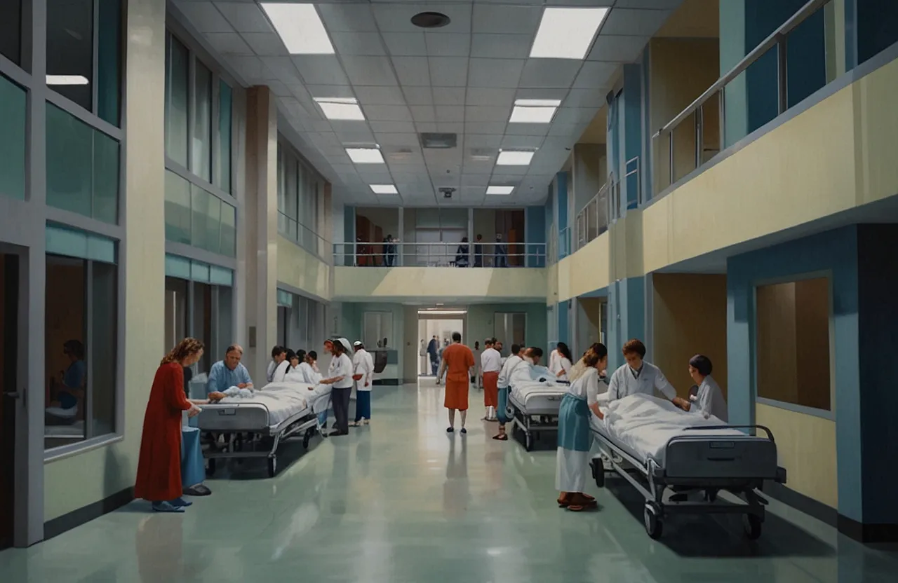 a group of people standing around a hospital