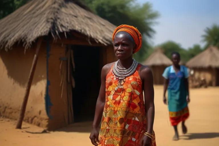 a woman in a colorful dress standing in front of a hut