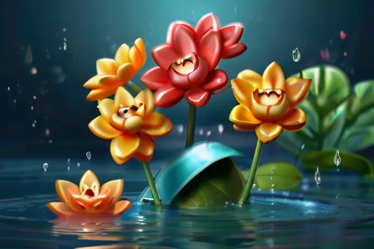 a group of flowers floating on top of a body of water