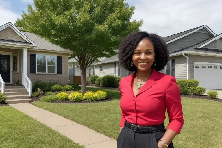 a woman standing in front of a house a woman standing in front of a house speaking to 
 a group of young adults, saying you can own this house