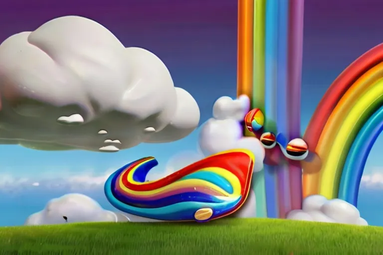 a painting of a rainbow with clouds and a rainbow