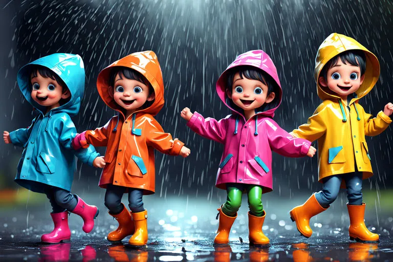 a group of children walking in the rain