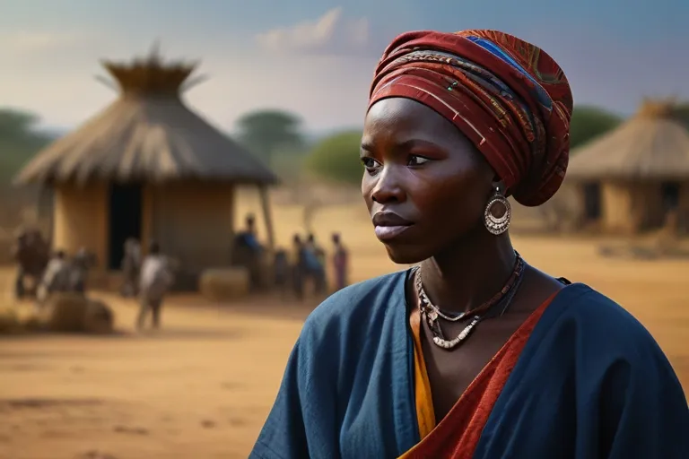 a woman standing in front of a village