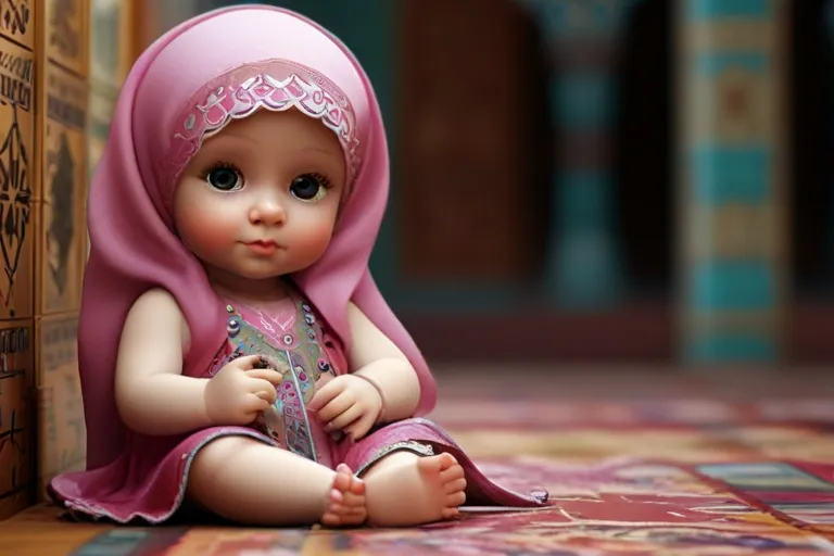 a small doll sitting on a rug next to a book