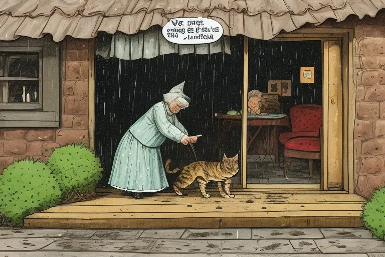 a painting of a woman with a cat on a porch