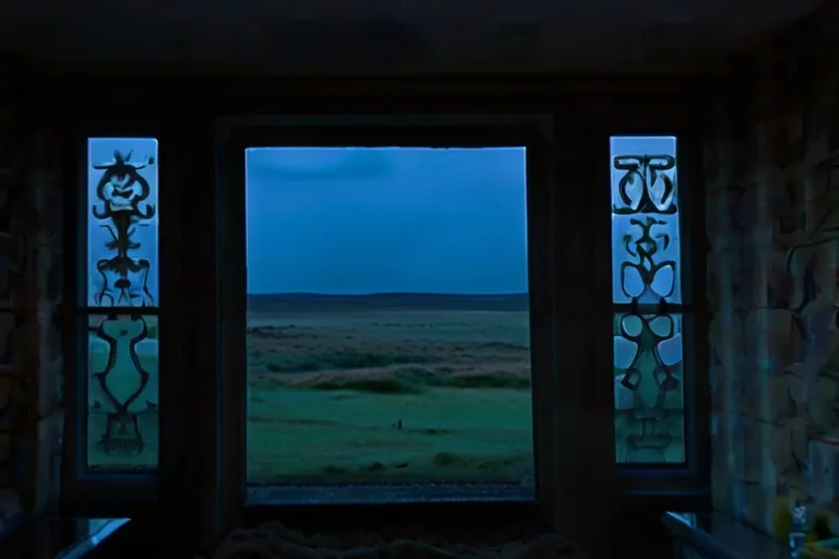 a room with two windows and a view of a field