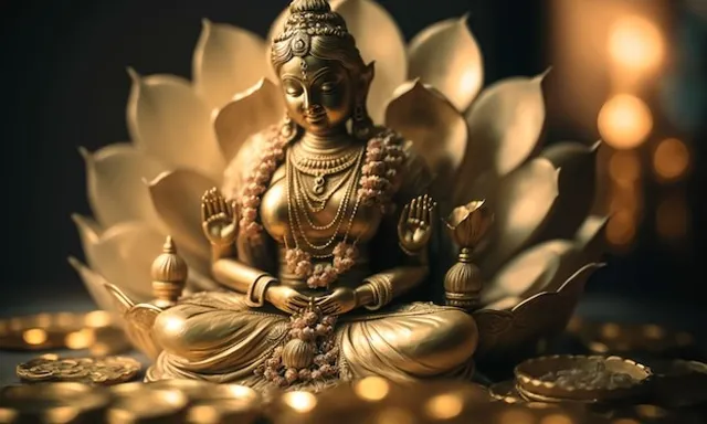 a hindu  statue sitting on top of a pile of gold coins