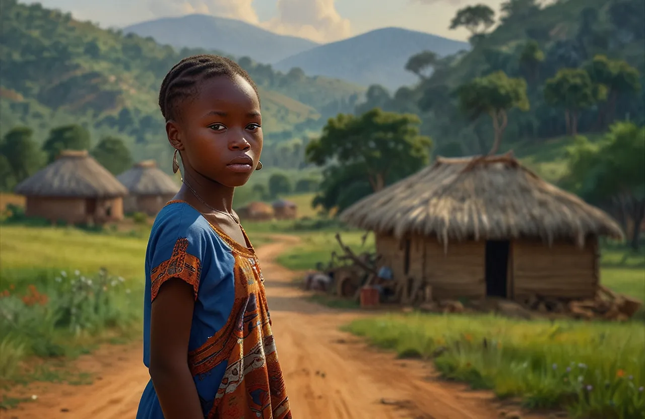 a young girl standing in front of a dirt road