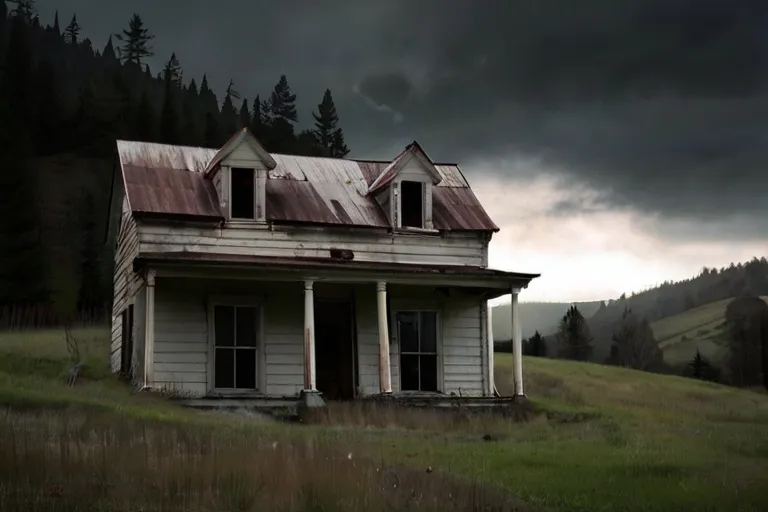 a run down house sitting in the middle of a field