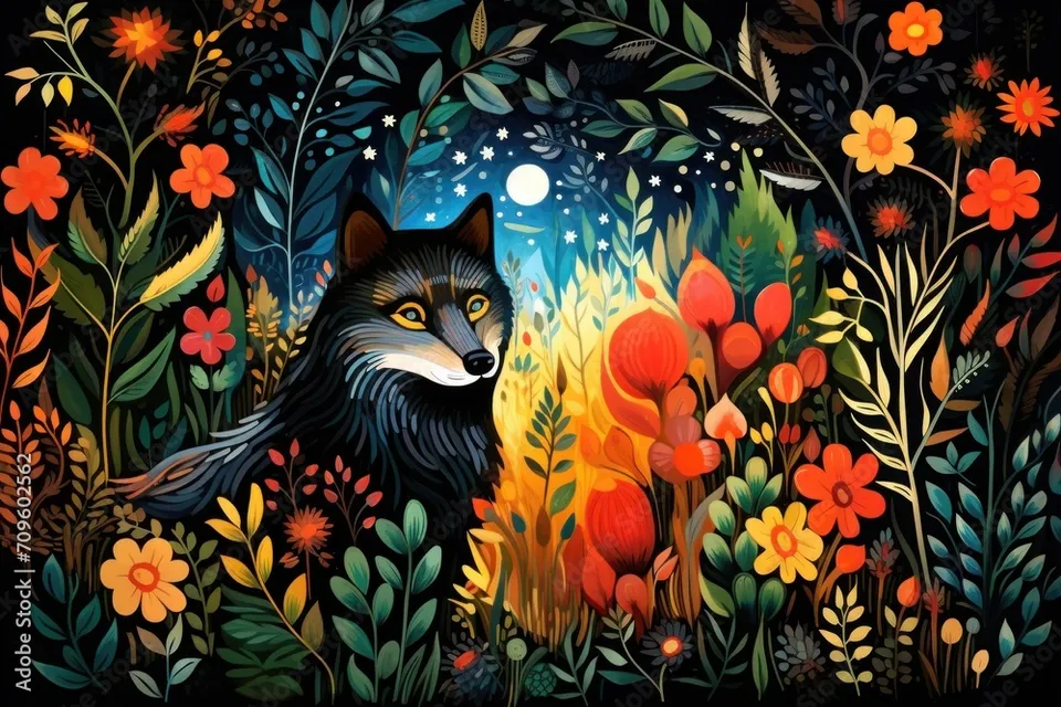 a painting of a fox surrounded by flowers