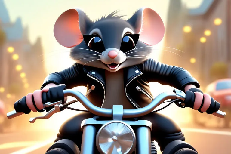 a mouse riding a motorcycle on a city street