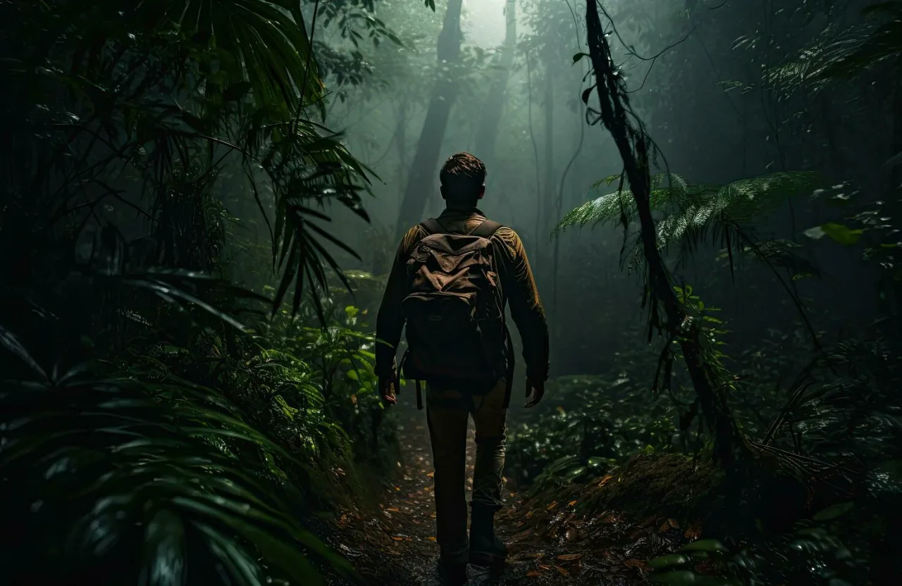 a man with a backpack walking through a forest